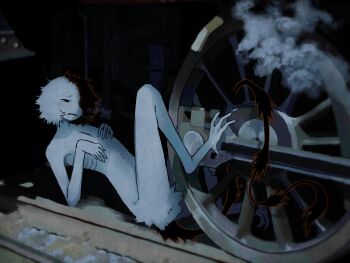 1other ambiguous_gender black_tail body_fur digitigrade highres imminent_death jejejunum mechanophilia monster_boy multicolored_fur open_mouth original other_focus secret_(jejejunum) short_hair solo split-color_fur suicide train wheel