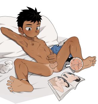 1boy absurdres black_hair dark-skinned_male dark_skin eukio feet highres male_focus male_masturbation masturbation nude original pornography short_hair shota solo tan tanline unworn_clothes white_background