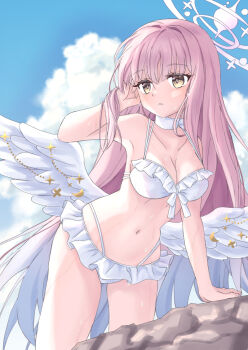 1girl angel_wings armpits bikini blue_archive breasts choker cleavage collarbone feathered_wings frilled_bikini frills halo long_hair low_wings medium_breasts mika_(blue_archive) mika_(swimsuit)_(blue_archive) navel official_alternate_costume official_alternate_hairstyle parted_lips pink_hair pink_halo solo stomach suzuyan_burst swimsuit very_long_hair water_drop wet white_choker white_wings wing_ornament wings yellow_eyes