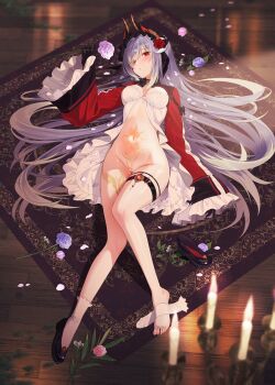 Rule 34 | 1girl, absurdres, artist request, black gloves, black shoes, blue hair, breasts, candle, candlestand, clothing request, commentary request, eyes visible through hair, flower, full body, gem, gloves, hair flower, hair ornament, highres, holding, holding flower, horns, indoors, jewelry, lady draco (draco), leg tattoo, long hair, long sleeves, looking at viewer, lying, medium breasts, multicolored horns, navel, on back, original, puffy long sleeves, puffy sleeves, red gem, rug, shoes, sleeves past wrists, socks, solo, stomach, stomach tattoo, tattoo, thighlet, unworn shoes, unworn socks, very long hair, white socks, wooden floor