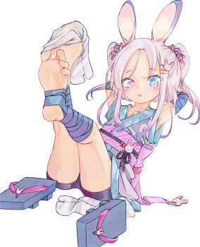 1girl animal_ears armpits bandaged_arm bandaged_leg bandages barefoot blue_eyes blush buruma chaosexceed commentary feet foot_focus full_body hair_ornament heterochromia highres japanese_clothes kimono medium_hair obi open_mouth original paid_reward_available parted_bangs pink_eyes pink_hair rabbit_ears rabbit_hair_ornament sash sidelocks sitting sock_pull socks solo tabi toes twintails undressing white_background