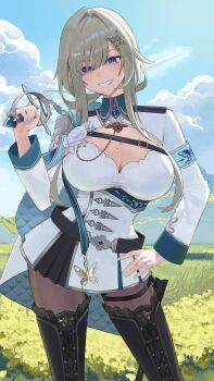 1girl absurdres black_boots blue_eyes blue_nails boots breasts butterfly_hair_ornament chain cleavage cloud commentary english_commentary flower grey_hair hair_ornament hand_on_own_hip highres holding holding_sword holding_weapon mole mole_on_breast phase_connect pomerui rose second-party_source sky smile solo sword thigh_boots virtual_youtuber weapon white_flower white_rose wilhelmina_frost