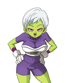 1girl breasts cheelai colored_skin dragon_ball dragon_ball_super dragon_ball_super_broly green_skin happy large_breasts pink_eyes smile solo tagme thick_thighs thighs white_hair yamamoto_doujin