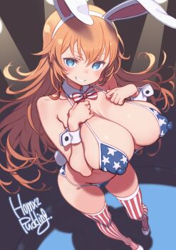 Rule 34 | 1girl, american flag, american flag bikini, american flag print, animal ears, bikini, blue eyes, breasts, charlotte e. yeager, commentary request, covered erect nipples, flag print, flag print bikini, highres, long hair, looking at viewer, print bikini, puddinghomhom, rabbit ears, smile, solo, strike witches, striped clothes, striped thighhighs, swimsuit, thighhighs, world witches series