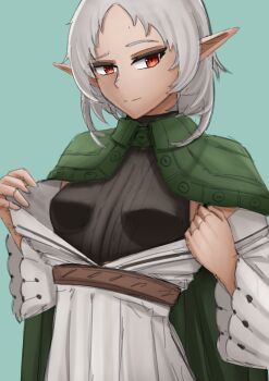 1girl black_sweater breasts cape closed_mouth dress elf female_focus green_cape grey_hair long_pointy_ears long_sleeves looking_at_viewer medium_hair mushoku_tensei open_clothes open_dress opened_by_self pointy_ears raised_eyebrows raufe red_eyes sideways_glance sleeveless sleeveless_sweater small_breasts smile smug solo standing sweater sylphiette_(mushoku_tensei) upper_body variant_set white_dress