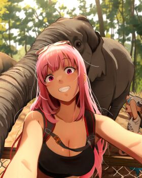 2girls :o absurdres arms_up backpack bag bare_shoulders black_shirt breasts cleavage clothes_writing commentary elephant english_commentary english_text eyewear_on_head fence forest gawr_gura grin head_tilt highres hololive hololive_english khyle. large_breasts long_hair looking_at_viewer mori_calliope multiple_girls nature outdoors pink_hair purple_eyes selfie sharp_teeth shirt smile sports_bra sunglasses teeth very_long_hair virtual_youtuber white_shirt zoo