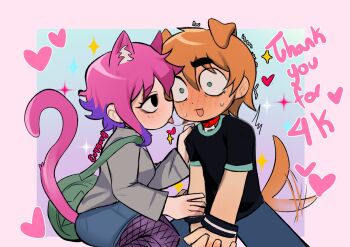 1boy 1girl animal_collar animal_ears bag black_shirt blush brown_hair brown_sweater cat_ears cat_girl cat_tail collar dog_boy dog_ears dog_tail english_text evygur0 green_bag hair_between_eyes highres milestone_celebration multicolored_hair pants pink_hair ramona_flowers scott_pilgrim scott_pilgrim_(series) shirt short_hair short_sleeves shoulder_bag skirt sweat sweater tail thank_you tongue tongue_out two-tone_hair
