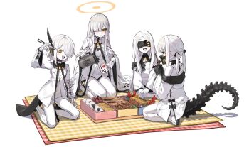4girls bento black_bow black_bowtie blue_archive bow bowtie chopsticks closed_mouth colored_skin commentary covered_eyes covered_mouth covered_navel cup ein_(blue_archive) faux_figurine food hair_over_one_eye halo highres holding holding_chopsticks holding_cup kneeling kokukyukeo leotard long_hair long_sleeves malkuth_(blue_archive) mask mechanical_tail mouth_mask multiple_girls ohr_(blue_archive) one_eye_covered onigiri open_mouth picnic picnic_blanket pouring seiza short_hair simple_background sitting smile sof_(blue_archive) symbol-only_commentary symbol-shaped_pupils tail white_background white_hair white_leotard white_skin wide_shot x-shaped_pupils yellow_eyes yellow_halo