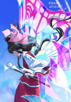1girl black_hair blue_sky bow brown_eyes butterfly_wings dated floating_hair flower from_side gohei hair_bow hakurei_reimu hakurei_reimu_(seihou) holding holding_gohei insect_wings kaigen_1025 long_hair long_sleeves looking_down lotus low_ponytail pink_bow ponytail red_skirt red_vest skirt sky solo touhou twitter_username very_long_hair vest white_sleeves wide_sleeves wings