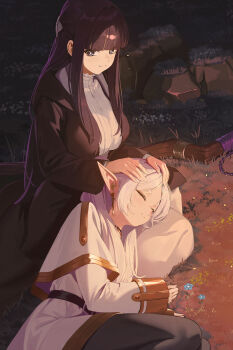 2girls belt black_belt black_cloak black_coat black_eyes black_hair black_pants black_pantyhose blunt_bangs blush breasts bright_pupils capelet cloak closed_eyes closed_mouth coat commentary dress earrings elf fern_(sousou_no_frieren) fieryonion frieren gold_trim grass grey_hair highres jewelry lap_pillow large_breasts long_hair long_pointy_ears long_sleeves looking_at_viewer lying mage_staff multiple_girls night on_side outdoors pants pantyhose pointy_ears purple_eyes purple_hair revision rock shirt skirt sleeping sleeves_past_wrists smile sousou_no_frieren staff straight_hair teardrop_earrings very_long_hair white_capelet white_dress white_pupils white_shirt white_skirt