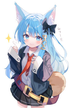 1girl animal_ear_fluff animal_ears belt black_bow black_cardigan black_skirt blue_eyes blue_hair bow cardigan clenched_hand cowboy_shot doyagao fox_ears fox_girl fox_tail hair_bow hair_ribbon hand_on_own_chest hand_up highres light_blush long_hair looking_at_viewer miniskirt necktie original puff_of_air red_necktie ribbon shirt simple_background skirt sleeves_past_wrists smile smug solo tail v-shaped_eyebrows white_background white_shirt yatani_row yellow_ribbon
