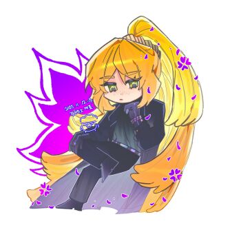 1girl babmug0416 black_coat black_gloves black_shirt black_shoes chibi closed_mouth coat crossed_legs flower freckles gloves green_eyes high_ponytail highres ishmael_(project_moon) jeong&#039;s_office_(identity)_(project_moon) limbus_company looking_down orange_hair ponytail project_moon purple_flower shirt shoes simple_background solo white_background