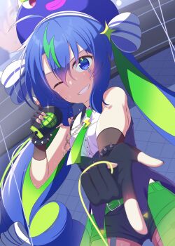 1girl ahoge animal_ears bare_shoulders belt black_collar black_gloves black_shorts blue_belt blue_corset blue_eyes blue_hair blue_hat blue_nails chaakusu chain collar collared_shirt commentary contrast_collar corset dutch_angle eel_hat facial_mark fingerless_gloves gloves green_belt green_necktie green_skirt green_streaks grin hair_between_eyes hair_ribbon hat hat_ribbon highres holding holding_microphone idol lightning_bolt_facial_mark lightning_bolt_symbol long_hair looking_at_viewer low-tied_long_hair mark_under_eye microphone multicolored_hair music musical_note nail_polish necktie one_eye_closed otomachi_una otomachi_una_(vocaloid6_spicy) outstretched_arm overskirt pantyhose pointing ribbon see-through_clothes see-through_skirt shirt short_shorts shorts singing skirt sleeveless sleeveless_shirt smile solo sparkle_hat_ornament spiked_wristband spikes stage streaked_hair sweat twintails v-shaped_eyebrows very_long_hair vocaloid white_shirt