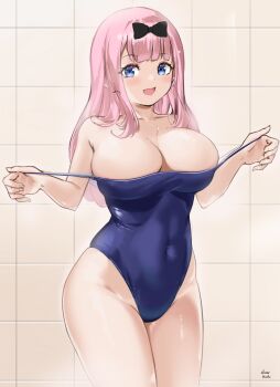 Rule 34 | 1girl, blue eyes, blush, breasts, covered navel, cowboy shot, fujiwara chika, highres, kaguya-sama wa kokurasetai ~tensai-tachi no renai zunousen~, large breasts, long hair, oliver koito, pink hair, school swimsuit, shower (place), smile, solo, swimsuit