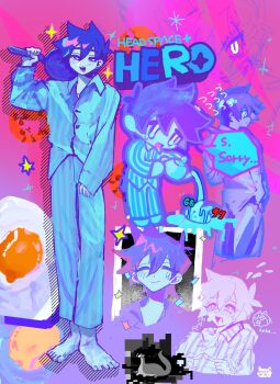 Rule 34 | 1boy, barefoot, bright pupils, character name, chibi, collared pajamas, colored skin, commentary, emoji, english text, forest bunny (omori), fried egg, frying pan, full body, hand up, hero (headspace) (omori), hero (omori), highres, holding, holding frying pan, holding teapot, honshiya, long sleeves, male focus, omori, open mouth, pajamas, pants, purple eyes, purple hair, solo, speech bubble, striped clothes, striped pajamas, striped pants, teapot, teeth, untranslatable commentary, vertical-striped clothes, vertical-striped pajamas, vertical-striped pants, white pupils, white skin