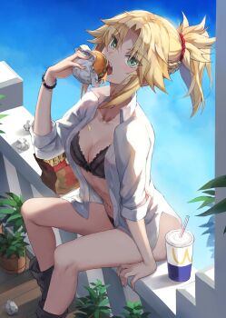 1girl absurdres bag balcony bare_shoulders black_bra black_panties blonde_hair blue_sky bra braid breasts burger collared_shirt cup day drinking_straw eating fast_food fate/apocrypha fate_(series) food french_fries green_eyes hair_ornament hair_scrunchie half_up_braid highres holding holding_food long_hair long_sleeves looking_at_viewer mordred_(fate) navel open_mouth panties paper_bag parted_bangs ponytail red_scrunchie scrunchie shirt sidelocks sitting sky small_breasts solo tonee underwear wcdonald's white_shirt