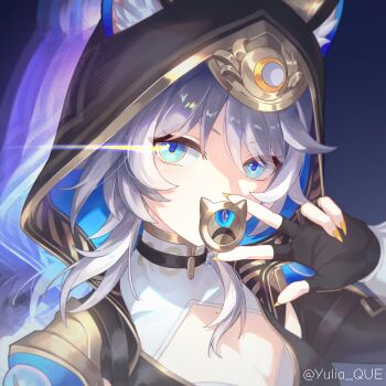 1girl absurdres animal_ears artist_name black_gloves blue_eyes breasts cat_ears chinese_commentary choker cipher_(honkai:_star_rail) cleavage commentary_request english_text fingerless_gloves fu_hua gloves grey_hair hair_between_eyes highres honkai:_star_rail honkai_(series) hood lanmei_nai_fu_ye long_hair looking_at_viewer mole mole_on_breast nail_polish solo white_hair