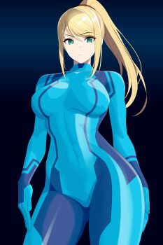 1girl absurdres aqua_eyes armpit_crease arms_at_sides artist_request blonde_hair blue_bodysuit bodysuit breasts collarbone covered_navel curvy dark_background eyelashes facing_viewer female_focus gradient_background groin hair_between_eyes hands_on_own_thighs high_ponytail highres large_breasts long_hair looking_at_viewer metroid neck nintendo open_hand ponytail raised_eyebrow samus_aran serious sidelocks skin_tight standing stomach swept_bangs thighs wide_hips zero_suit