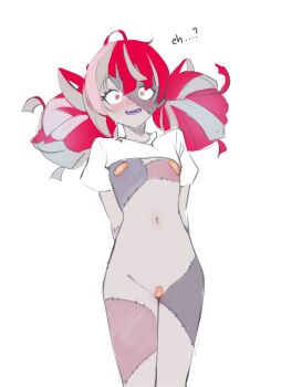 1girl absurdres ahoge alternate_costume arms_behind_back bandaid bandaid_on_pussy bandaids_on_nipples blush bottomless colored_skin commentary constricted_pupils double_bun embarrassed english_commentary fangs flat_chest grey_hair grey_skin hair_between_eyes hair_bun heterochromia highres hololive hololive_indonesia kghazir kureiji_ollie long_hair looking_at_viewer navel open_mouth pasties pink_hair red_eyes red_hair short_sleeves shrug_(clothing) simple_background solo stitched_face stitches stomach straight-on twitter_cutting_game virtual_youtuber white_background white_shrug yellow_eyes