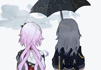 2girls black_coat black_dress black_umbrella coat dress evernight_(honkai:_star_rail) from_behind grey_hair holding holding_umbrella honkai:_star_rail honkai_(series) layered_dress long_hair march_7th_(honkai:_star_rail) meme multiple_girls nat_net_work pink_hair rain shared_umbrella stelle_(honkai:_star_rail) trailblazer_(honkai:_star_rail) umbrella upper_body white_dress
