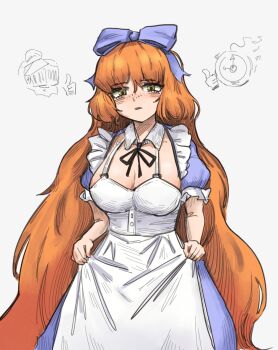 1109802486 1boy 1girl 1other alice_(black_souls) alice_(black_souls)_(cosplay) black_ribbon black_souls blue_bow blush bow breasts cleavage cosplay dante_(limbus_company) freckles frilled_sleeves frills grimm_(black_souls) hair_bow highres ishmael_(project_moon) limbus_company neck_ribbon project_moon puffy_short_sleeves puffy_sleeves ribbon short_sleeves simple_background thumbs_up white_background