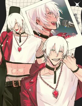 1boy abs black_choker black_nails black_pants blue_eyes character_name choker cowboy_shot crop_top dante_(devil_may_cry) devil_may_cry_(series) earrings finger_in_own_mouth fishnet_sleeves fishnet_underwear fishnets gem grin guitar_case hair_between_eyes hair_over_one_eye highres instrument_case jacket jewelry male_focus microphone midriff minoxis multiple_views music nail_polish navel open_mouth pants pendant polaroid_photo red_gemstone red_jacket shirt short_hair singing sleeveless sleeveless_shirt smile solo sweat teeth tongue tongue_out twitter_username upper_body white_hair white_shirt wristband