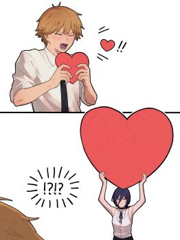 ! !! !? 1boy 1girl black_choker black_necktie black_ribbon blonde_hair blush breasts chainsaw_man choker closed_eyes collared_shirt denji_(chainsaw_man) furrowed_brow green_eyes hair_between_eyes heart hetero highres holding holding_heart male_focus medium_breasts medium_hair neck_ribbon necktie on_u_u open_mouth purple_hair reze_(chainsaw_man) ribbon sharp_teeth shirt short_hair sleeveless sleeveless_shirt sleeves_rolled_up teeth upper_body white_background white_shirt