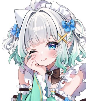 1girl ahoge aqua_dress aqua_hair aqua_sleeves blue_bow blue_eyes blush bow chocola_vt densetsu.exe detached_sleeves dress gradient_hair green_nails grey_hair hair_bow highres looking_at_viewer maid_headdress mint_fantome mint_fantome_(minto_2.0) multicolored_hair nail_polish one_eye_closed smile solo tongue tongue_out two_side_up virtual_youtuber white_background white_headdress