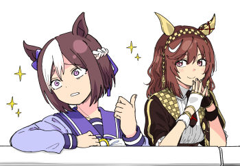 2girls animal_ears black_gloves bow braid brown_hair buena_vista_(heroina_inocente)_(umamusume) buena_vista_(umamusume) checkered_clothes collarbone crown_braid fingerless_gloves gloves hair_ornament hair_ribbon horse_ears horse_girl light_blush medium_hair meme multiple_girls necktie pointing_with_thumb purple_bow purple_eyes purple_sailor_collar ribbon sailor_collar sanpaku scene_reference school_uniform short_hair smile smug_inori_(meme) sparkle special_week_(umamusume) taguchi_kenji_(omaep) tail tracen_school_uniform umamusume white_gloves white_hair