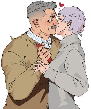 1boy 1girl brown_sweater closed_eyes collared_shirt couple earrings facial_hair grey_eyes grey_hair grey_sweater hand_on_another's_wrist heart highres jewelry kiss mature_female mature_male mustache old old_man old_woman original ring sa1k0p shirt simple_background striped_clothes striped_shirt stud_earrings surprise_kiss surprised sweater turtleneck turtleneck_sweater undercut upper_body wedding_ring white_background white_shirt wide-eyed