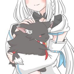 Rule 34 | 1girl, animal, animalization, blue ribbon, braid, commentary, detached sleeves, holding, holding animal, hololive, hood, hoodie, long hair, long sleeves, lowres, ookami mio, ookami mio (wolf), ribbon, shirakami fubuki, shirakami fubuki (1st costume), side braid, sidelocks, simple background, smile, solo, symbol-only commentary, virtual youtuber, white background, white hair, white hoodie, wide sleeves, wolf, yuuji (sdcg00)