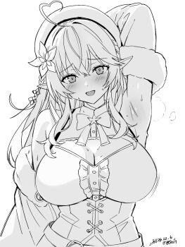 Rule 34 | 1girl, ahoge, arm up, armpits, bare shoulders, beret, blush, bow, bowtie, breasts, cleavage, commentary, corset, cross-laced clothes, dated, double-parted bangs, elf, flower, frown, greyscale, hair between eyes, hair flower, hair ornament, hat, heart, heart ahoge, highres, hololive, large breasts, long hair, looking at viewer, monochrome, open mouth, pointy ears, presenting armpit, seo tatsuya, signature, simple background, solo, sweat, upper body, virtual youtuber, white background, yukihana lamy, yukihana lamy (1st costume)