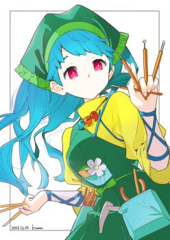 1girl apron blue_hair commentary_request dated dress green_apron green_headscarf haniyasushin_keiki headscarf highres holding_tool jewelry kumateya long_hair magatama magatama_necklace necklace red_eyes ribbon short_sleeves signature simple_background solo tools touhou white_background yellow_dress