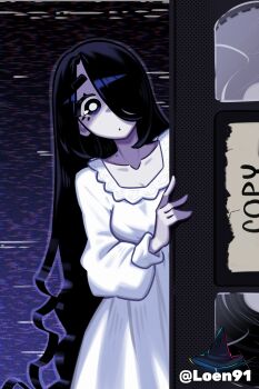 1girl absurdres black_eyes black_hair breasts commentary dress english_commentary hair_over_one_eye highres loen long_dress long_hair medium_breasts oversized_object pale_skin solo the_ring thick_eyebrows twitter_username very_long_hair vhs_artifacts videocassette white_dress yamamura_sadako