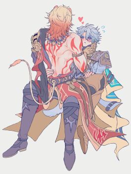 2boys animal_ears antenna_hair arm_tattoo armlet armor armored_boots back_tattoo black_coat black_gloves black_pants black_shirt blonde_hair blue_coat blue_eyes blush boots clawed_gauntlets coat commentary dog_boy dog_ears dog_tail fingerless_gloves gloves gold_necklace gradient_hair grey_background hand_on_another&#039;s_face hand_on_another&#039;s_waist highres honkai:_star_rail honkai_(series) jewelry lii_litus lion_boy lion_ears lion_tail male_focus medium_hair multicolored_hair multiple_boys mydei_(honkai:_star_rail) necklace open_clothes open_coat pants parted_bangs pauldrons phainon_(honkai:_star_rail) red_hair shirt short_hair shoulder_armor simple_background single_pauldron sitting sitting_on_lap sitting_on_person tail tattoo toned toned_male white_coat white_hair yaoi