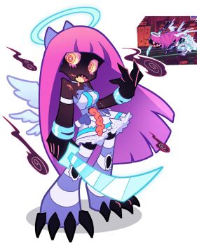 1girl angel black_skin blunt_bangs blunt_ends bow bracelet claws colored_eyelashes colored_skin commentary dark_persona dress drooling entrails full_body hair_bow halo highres holding holding_sword holding_weapon jewelry long_hair looking_at_viewer lowlay60 mouth_drool multiple_wings organs panty_&amp;_stocking_with_garterbelt pink_hair reference_inset sharp_teeth simple_background solo standing stocking_(psg) sword symbol-only_commentary teeth thighhighs torn_clothes torn_thighhighs weapon white_background white_dress wings yellow_eyes