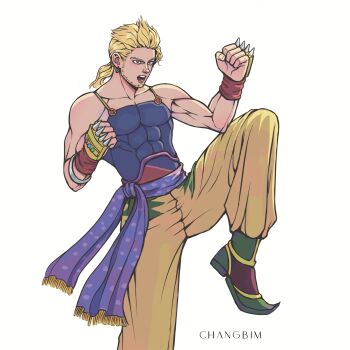 Rule 34 | 1boy, artist name, baggy pants, bare shoulders, beard, blonde hair, blue eyes, blue shirt, changbim13, chinstrap beard, claw (weapon), clenched hands, commentary, earrings, english commentary, facial hair, fighting stance, final fantasy, final fantasy vi, highres, jewelry, low ponytail, male focus, medium hair, muscular, muscular male, open mouth, pants, pointy shoes, ponytail, sabin rene figaro, sash, shirt, shoes, solo, standing, standing on one leg, waist sash, weapon, white background, yellow pants