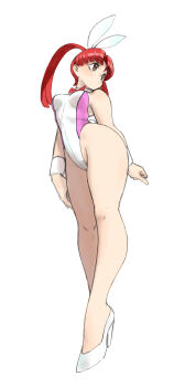 1girl animal_ears antenna_hair bare_legs breasts detached_collar fake_animal_ears full_body high_heels highleg highleg_leotard highres leotard long_hair medium_breasts playboy_bunny rabbit_ears rabbit_tail red_hair simple_background solo strapless strapless_leotard tail toshinoshin utsugi_mikoto white_background yuusha_ou_gaogaigar yuusha_series