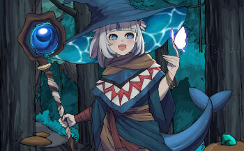 Rule 34 | 1girl, absurdres, blue hair, blue hat, blunt bangs, bracelet, bug, butterfly, butterfly on hand, commentary, day, fins, fish tail, forest, gawr gura, hat, highres, holding, holding staff, hololive, hololive english, ice (10222), insect, jewelry, medium hair, multicolored hair, nature, open mouth, outdoors, shark tail, sharp teeth, smile, solo, staff, streaked hair, tail, teeth, tongue, tree, two-tone hair, untranslatable commentary, upper teeth only, virtual youtuber, white hair, witch hat