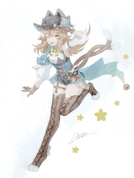 1girl arm_up blonde_hair breasts brown_gloves cat_tail detached_sleeves flower_symbol full_body genshin_impact gloves green_eyes hat hat_with_ears highres kirara_(genshin_impact) kirara_(phantom_in_boots)_(genshin_impact) lace lace-trimmed_thighhighs lace_trim leg_up long_hair looking_at_viewer medium_breasts multiple_tails nekomata official_alternate_costume one_eye_closed open_mouth osuzu0613 pawpads puffy_detached_sleeves puffy_sleeves simple_background smile solo tail thighhighs two_tails vision_(genshin_impact) white_background white_sleeves