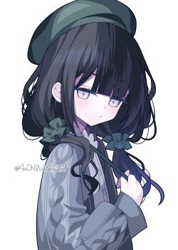 Rule 34 | 1girl, 4rion, absurdres, beret, black hair, blunt bangs, book off, cardigan, closed mouth, commentary request, green hat, green scrunchie, grey cardigan, grey eyes, hair ornament, hair scrunchie, hand up, hat, highres, kurobe nanoka, long hair, long sleeves, looking at viewer, low twintails, mahou shoujo no majo saiban, official alternate costume, official alternate hairstyle, scrunchie, simple background, solo, twintails, twitter username, upper body, white background