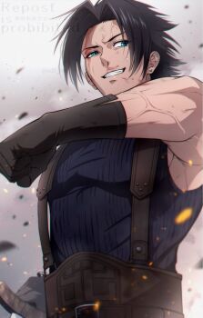 1boy arm_up belt belt_buckle black_belt black_gloves black_hair blue_eyes blue_shirt buckle commentary_request cowboy_shot crisis_core:_final_fantasy_vii dirty dirty_face final_fantasy final_fantasy_vii gloves grin highres looking_to_the_side male_focus parted_hair sd0_ino shirt sideways_glance sleeveless sleeveless_shirt smile solo suspenders teeth uneven_eyes veins veiny_arms watermark zack_fair