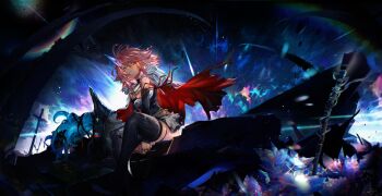 Rule 34 | 1boy, 1girl, absurdres, arms between legs, black hood, black shirt, black shoes, black sleeves, black thighhighs, blue eyes, breasts, cape, cave, cave interior, cleavage, closed mouth, commentary request, crystal, crystal horns, detached sleeves, glint, hair between eyes, heterochromia, highres, hood, hood down, hood up, hooded cape, horns, killing me/killing you, medium breasts, medium hair, miniskirt, mithia (killing me/killing you), muscular, muscular male, mutation, narita imomushi, orange eyes, pink hair, red cape, ribbed thighhighs, shirt, shoes, single horn, sitting, skirt, smile, thigh strap, thighhighs, two-sided cape, two-sided fabric, white cape, white skirt, youthanasia (killing me/killing you), zettai ryouiki, zipper, zipper pull tab