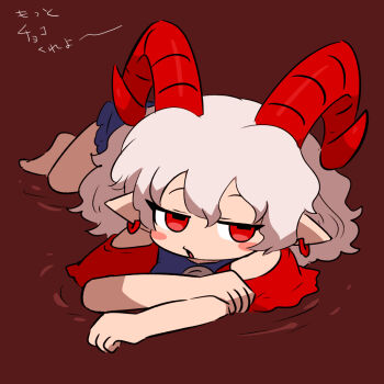 1girl blue_dress detached_sleeves dress earrings grey_hair horns jewelry kasugai_(de-tteiu) medium_hair pointy_ears rectangular_pupils red_eyes red_horns red_sleeves sheep_girl sheep_horns simple_background solo square touhou toutetsu_yuuma