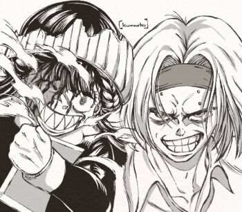 1boy 1girl artist_name black_dress black_hair bleeding blood book clenched_teeth comic_panel_redraw derivative_work determined dress fangs greyscale headband holding holding_book kurrrto language_(undead_unluck) long_hair monochrome necktie nico_vorgeil one_eye_closed portrait scene_reference shirt smile teeth undead_unluck white_shirt