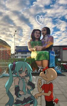 Rule 34 | 1boy, 1girl, ahoge, bilingual commentary, black skirt, blue eyes, blue hair, blue necktie, blue sky, chile, cloud, cloudy sky, collared shirt, commentary, condorito, condorito (character), day, detached sleeves, double-parted bangs, english commentary, flying sweatdrops, grey shirt, hair between eyes, hatsune miku, highres, long hair, long sleeves, looking at another, mixed-language commentary, necktie, outdoors, photo background, pleated skirt, red shirt, ri (qrcode), shirt, skirt, sky, sleeveless, sleeveless shirt, spanish commentary, statue, sweatdrop, t-shirt, twintails, very long hair, vocaloid