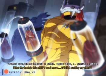 3boys animated animated_gif arms_behind_back breathing colored_skin cum_milking digimon digimon_(creature) english_text girthy_penis large_penis multiple_boys muscular muscular_male penis penis_pump pubic_hair source_request test_subject test_tube wargreymon weregarurumon yellow_skin