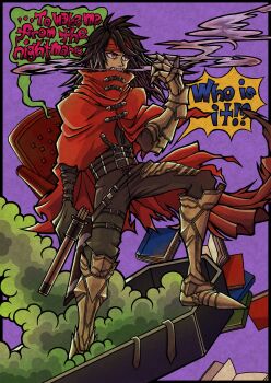 Rule 34 | 1boy, aechin0130, armor, belt, black gloves, black hair, black pants, black shirt, book, boots, chair, clawed gauntlets, cloak, coffin, english text, final fantasy, final fantasy vii, final fantasy vii remake, full body, furrowed brow, gloves, gold armor, gold boots, gun, handgun, headband, highres, holding, holding gun, holding weapon, long hair, male focus, pants, parted bangs, pointy boots, purple background, red cloak, red eyes, red headband, sharp teeth, shirt, smoke, solo, speech bubble, teeth, thigh belt, thigh strap, torn cloak, torn clothes, vincent valentine, weapon