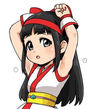 Rule 34 | 1girl, ainu clothes, armpits, black eyes, black hair, bow, breasts, hair bow, hairband, long hair, looking at viewer, nakoruru, open mouth, red bow, samurai spirits, simple background, solo, sweat, white background, yuuya (blue scarab)