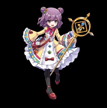 1girl bag black_background black_pantyhose blush bow breasts double_bun dress flats full_body grey_eyes hair_between_eyes hair_bun holding holding_staff kanan_(merc_storia) long_sleeves merc_storia merc_storia_art_team official_art open_mouth outstretched_arm pantyhose purple_hair red_bow red_shoes shoes sidelocks simple_background small_breasts smile solo staff standing striped_clothes striped_pantyhose tachi-e vertical-striped_clothes vertical-striped_pantyhose wide_sleeves yellow_dress